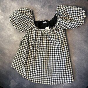 ZOCO Black and White Ari Gingham Dress with Puffy Sleeves Drawstring Neck